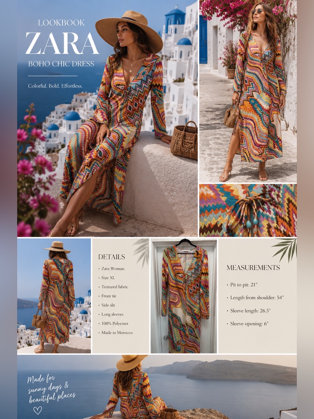 Zara Colorful Boho Textured Midi Dress XL Side Slit Resort Festival